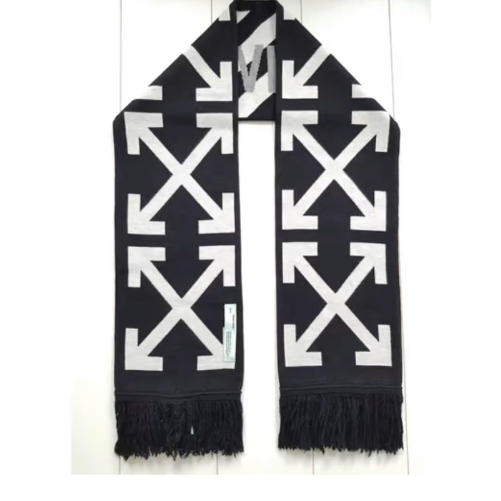 Off-White Virgil Abloh Black & White Wool Signature Cross Striped Logo Scarf